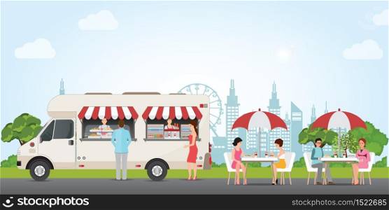 Fast food street truck concept with people buying and eating food and drink in city park, Street food car Vector flat cartoon illustration.