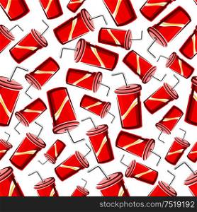 Fast food sweet soda drinks background with seamless pattern of takeaway red paper cups of soft beverages with drinking straw. Fast food cafe or food packaging design. Fast food takeaway soda drinks seamless pattern