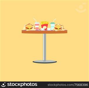 Fast food table, french fries, burger in paper, soda in plastic glass. Board serving with disposable dishes and ceramic cups. Takeaway meals vector. Fast Food Table, Burger and Soda, Meals Vector