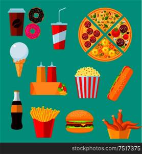 Fast food takeaway menu icon with flat symbols of cheeseburger and hot dog sandwiches, pizza, coffee and soda drinks, tortilla wrap with vegetables and sauces, boxes of french fries and fried chicken, donuts, ice cream and popcorn. Fast food sandwiches, desserts and drinks icon