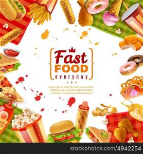 Fast Food Template. Fast food template with different colorful tasty unhealthy meals on white background vector illustration