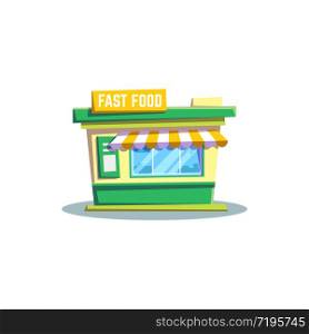 Fast food tent isolated fastfood restaurant exterior. Vector street food local store, shop selling takeaway dishes. Small urban retail shop with takeout food, glass construction with awning. Restaurant of fast food isolated tent with awning