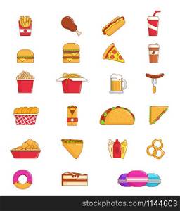 Fast food thin line icon set of junk snack. Hamburger, pizza and hot dog, meat sandwich, donut and chicken, coffee, soda, french fries, cheeseburger, cake and chinese noodle, taco, popcorn and nacho. Fast food thin line icon of junk snack and drink