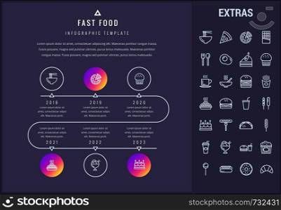 Fast food timeline infographic template, elements and icons. Infograph includes years, line icon set with fast food, pizza, sweet snacks, restaurant meal, unhealthy nutrition, kitchen utensils etc.. Fast food infographic template and elements.