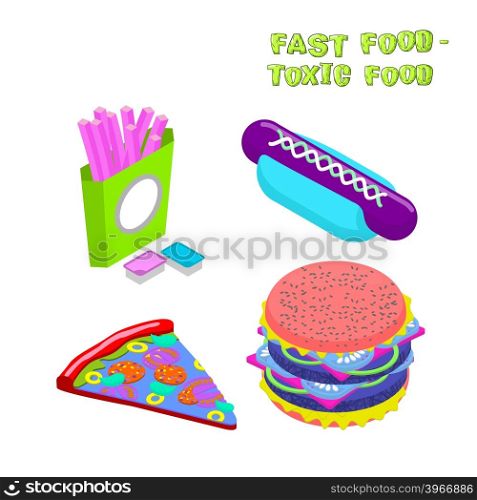 Fast food - toxic food. Illustration about dangers of fast food. Purple potato slices. Blue sauce. Harmful hamburger. Blue hot dog. purple pizza&#xA;