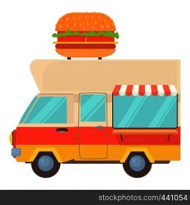 Fast food trailer with burger icon. Cartoon illustration of fast food trailer with burger vector icon for web. Fast food trailer with burger icon, cartoon style