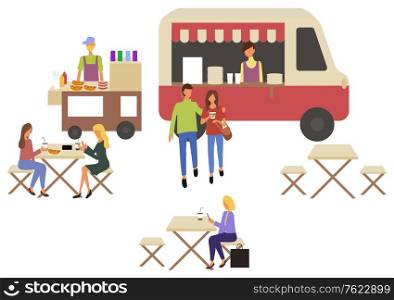 Fast food trolley and cafe with takeaway dishes and coffee drinks. Vector woman sitting on chair at table in street restaurant and drinking soda, hotdogs and people. Fastfood Van Car and Cafe, Takeaway food, People