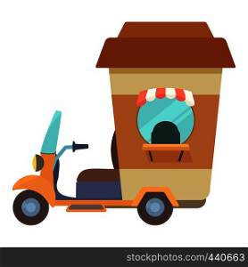 Fast food trolley motorbike with big coffee cup icon. Cartoon illustration of fast food trolley motorbike with big coffee cup vector icon for web. Fast food trolley motorbike with coffee cup icon