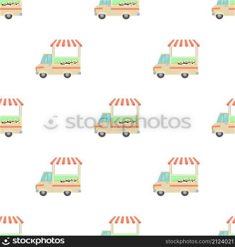 Fast food truck city car with sushi pattern seamless background texture repeat wallpaper geometric vector. Fast food truck city car with sushi pattern seamless vector