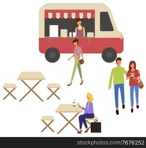 Fast food truck takeout food shop and cafe with takeaway dishes and coffee drinks. Vector woman sitting on chair at table in street restaurant, hugging couple. Fast Food Truck Takeout Food Shop and Cafe People