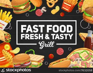 Fast food vector burger and hot dog, pizza and sandwich, soda drinks. French fries and roll, tornado potato and tacos takeaway fastfood. Junk food cheeseburger and hamburger combo menu. Fast food burger and hot dog, pizza and soda drink