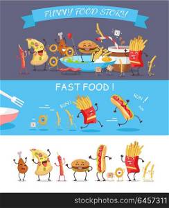 Fast food vector concepts. Flat design. Illustration of french fries, egg, bacon, cheese stick, hot dog, hamburger, chicken, sugar in funny cartoon style story. Image for signboard, icon, infographic. Funny Fast Food Cartoon Vector Illustration.