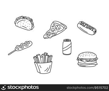 Fast food vector doodles set. Fastfood elements isolated black on white background. Hand drawn outline illustration of hot dog, fries, cheeseburger, taco, pizza. Canned carbonated drink and taco.. Fast food vector doodles set. Fastfood elements isolated black on white background. Hand drawn outline illustration of hot dog, fries, cheeseburger, taco, pizza. Canned carbonated drink and taco