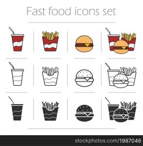 Fast food vector icons set. Color, linear and silhouette restaurant menu symbols isolated on white. Unhealthy eating clip art. Fast food vector icons set