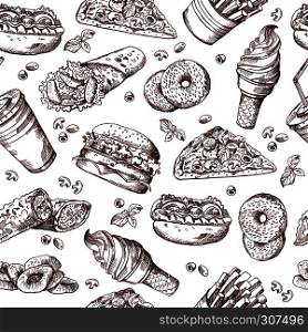 Fast food vector seamless pattern. Hand drawn illustration of hamburger sandwich cola and french fries. Pattern hamburger pizza fast food, beverage and potato fastfood. Fast food vector seamless pattern. Hand drawn illustration of hamburger sandwich cola and french fries