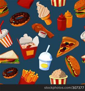Fast food vector seamless pattern with cold water, sandwich and burger. Sandwich and water, chicken and burger illustration. Fast food vector seamless pattern with cold water, sandwich and burger