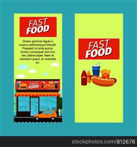 Fast food vertical flyers with shop building and landscape, vector illustration. Fast food vertical flyers