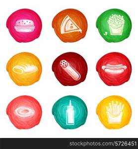 Fast food watercolor decorative icons set with hamburger pizza popcorn isolated vector illustration
