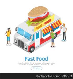 Fast food web banner. Eatery on wheels with hamburger on roof surrounded clients isometric vector on white background. Van food store with signboard. Illustration for cafe, snack bar web page design. Street Fast Food Isometric Vector Web Banner. Street Fast Food Isometric Vector Web Banner