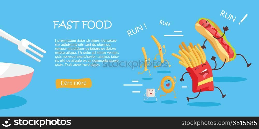 Fast food web banner. Smiling running french fries, onion ring and sugar. Flat illustration with traditional junk food for restaurant landing page. Order food online. Funny dishes cartoon characters. Fast Food Conceptual Flat Style Vector Web Banner. Fast Food Conceptual Flat Style Vector Web Banner