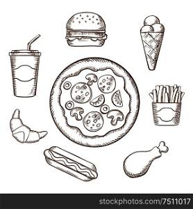 Fast food with pepperoni pizza, burger, soda, french fries, ice cream cone, hot dog, croissant and chicken leg. Sketch style vector icons. Fast food in sketch style