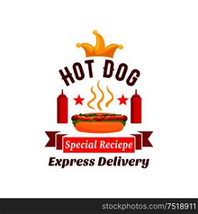 Fast food xpress delivery emblem. hot dog label element with ketchup bottles, golden crown, stars, red ribbon. Vector icon for restaurant, eatery, menu, signboard, poster. fast food hot dog express delivery emblem