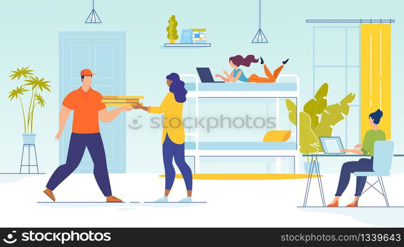 Fast Fresh Pizza Delivery Service. Man Courier Delivering Fastfood in Cardboard Pack to Student Hostel. Friends Pastime and Preparation for Exams. Online Snack Order. Vector Illustration