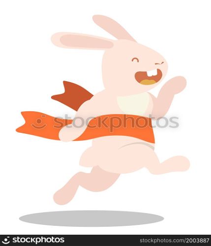 Fast funny rabbit, bunny runs and crosses finish line. Symbol of Easter and 2023 in Chinese calendar. Childrens vector illustration