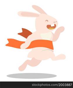 Fast funny rabbit, bunny runs and crosses finish line. Symbol of Easter and 2023 in Chinese calendar. Childrens vector illustration