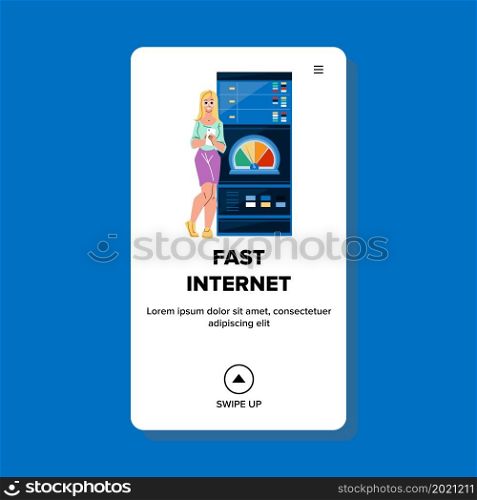 Fast Internet Enjoying Young Woman User Vector. Girl Using Smartphone, Download Media File And Watching Video With Fast Internet. Character Testing Connection Speed Web Flat Cartoon Illustration. Fast Internet Enjoying Young Woman User Vector