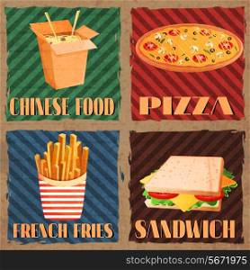 Fast junk food cards set of chinese food french fries pizza sandwich isolated vector illustration