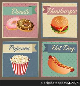 Fast junk food cards set of donuts hamburger popcorn hot dog isolated vector illustration