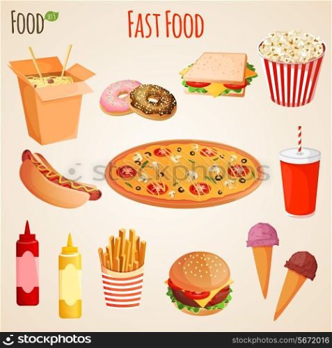 Fast junk food icons flat set of french fries hamburger soda drink isolated vector illustration