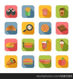 Fast junk food icons flat set of popcorn coffee croissant eggs isolated vector illustration