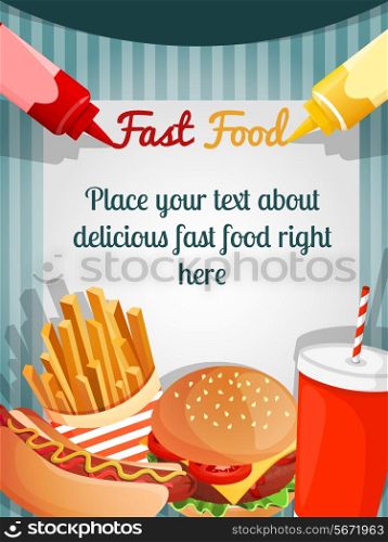 Fast junk food poster with hamburger french fries drink vector illustration