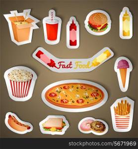 Fast junk food stickers set of popcorn pizza icecream isolated vector illustration
