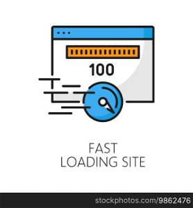 Fast loading site. CDN. Content delivery network icon, website speed upload and update, Internet portal content delivery and backup server outline vector sign with internet connection speed test page. Fast loading site, content delivery network icon