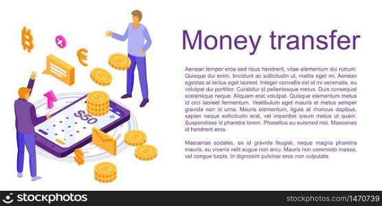 Fast money transfer concept banner. Isometric illustration of fast money transfer vector concept banner for web design. Fast money transfer concept banner, isometric style