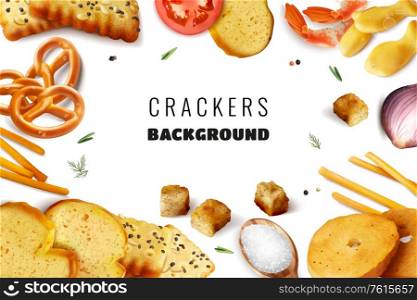 Fast nutrition white background with frame consisting of crackers snacks toasts with different ingredients realistic vector illustration