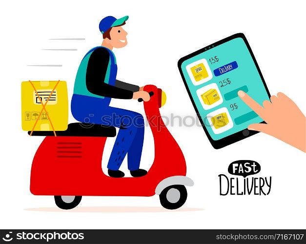 Fast paid delivery vector concept. Delivery man drive scooter illustration. Fast delivery, drive scooter with package. Fast paid delivery vector concept. Delivery man drive scooter illustration