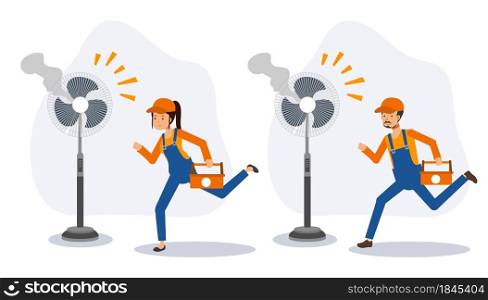Fast Repair Service concept.Repair electrical home appliance,Fan.Flat vector 2D cartoon character illustration.
