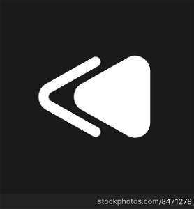 Fast reverse button dark mode glyph ui icon. Music player. Playing video. User interface design. White silhouette symbol on black space. Solid pictogram for web, mobile. Vector isolated illustration. Fast reverse button dark mode glyph ui icon