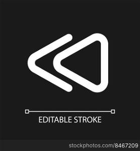 Fast reverse button pixel perfect white linear ui icon for dark theme. Music player. Play video. Vector line pictogram. Isolated user interface symbol for night mode. Editable stroke. Arial font used. Fast reverse button pixel perfect white linear ui icon for dark theme