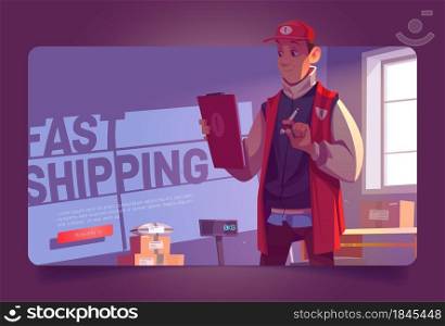 Fast shipping poster with man in warehouse with package boxes and scales. Vector banner of delivery service with cartoon illustration of worker in uniform with clipboard in distribution office or post. Fast shipping poster with man in warehouse