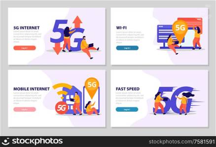 Fast speed internet 2x2 design concept set of four banners offer 5G connection wi fi signal and mobile internet vector illustration