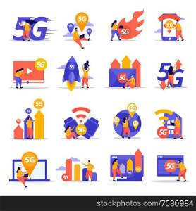 Fast speed internet flat icons demonstrated cloud technology wifi signal transmission 5G mobile communication vector illustration