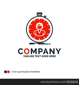 fast, speed, stopwatch, timer, girl Logo Design. Blue and Orange Brand Name Design. Place for Tagline. Business Logo template.