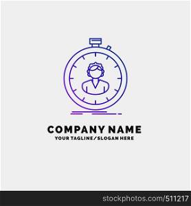 fast, speed, stopwatch, timer, girl Purple Business Logo Template. Place for Tagline. Vector EPS10 Abstract Template background