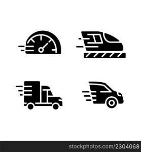 Fast transport black glyph icons set on white space. Motor vehicle. Train and automobile. Delivery and transit.Silhouette symbols. Solid pictogram pack. Vector isolated illustration. Fast transport black glyph icons set on white space
