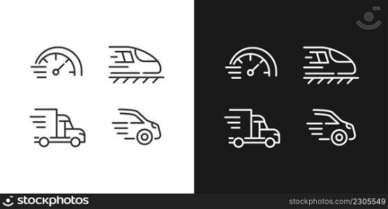 Fast transport pixel perfect linear icons set for dark, light mode. Train and automobile. Delivery and transit. Thin line symbols for night, day theme. Isolated illustrations. Editable stroke. Fast transport pixel perfect linear icons set for dark, light mode